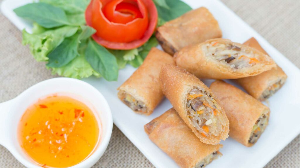 Spring roll veggies in a white plate